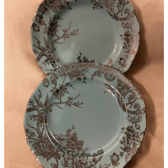 222 Fifth Adelaide Turquoise & Silver Floral/ Birds Dinner Plate- Set Of 2 - Picture 1 of 4